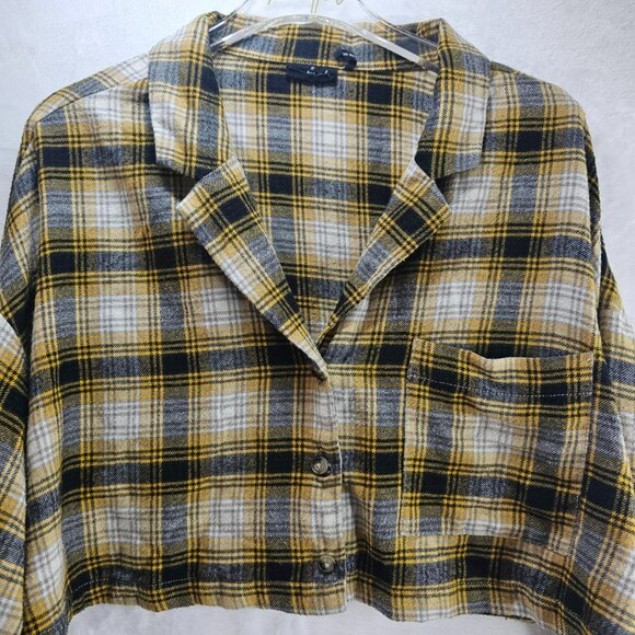 Urban Outfitter Yellow Cropped Top Plaid Button Up Shirt Long Sleeve Size M - Picture 3 of 9